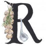 Initiale R mit Zwiebeln Kräutern und Suppenkelle